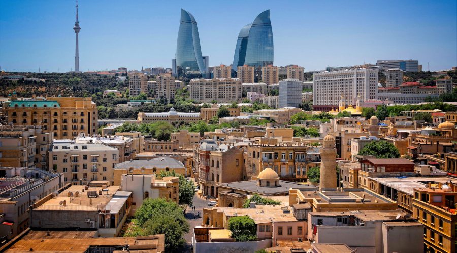 Baku old town with Flame Towers in the Background, Azerbaijan