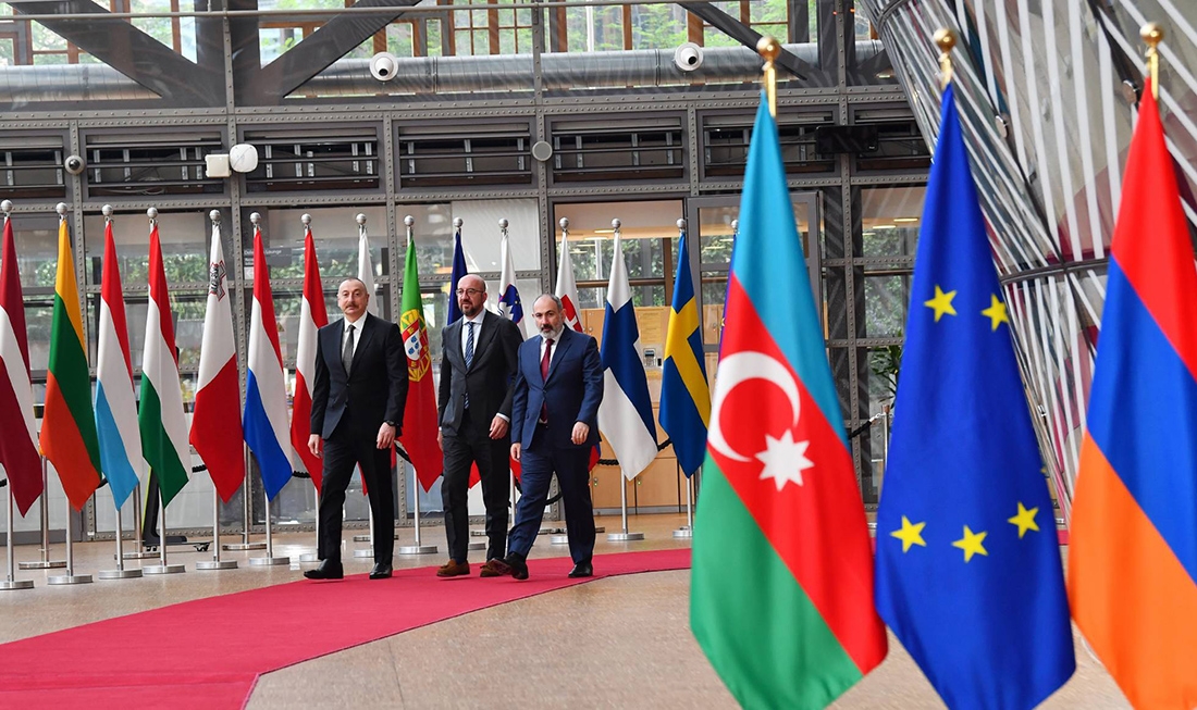 The leaders of Armenia and Azerbaijan meet with EU President Charles Michel in Brussels on May 22. president.az