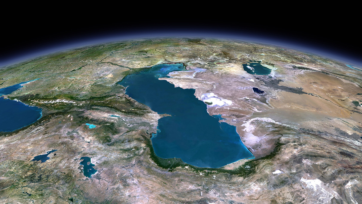 3D satellite view of the Caspian Sea.