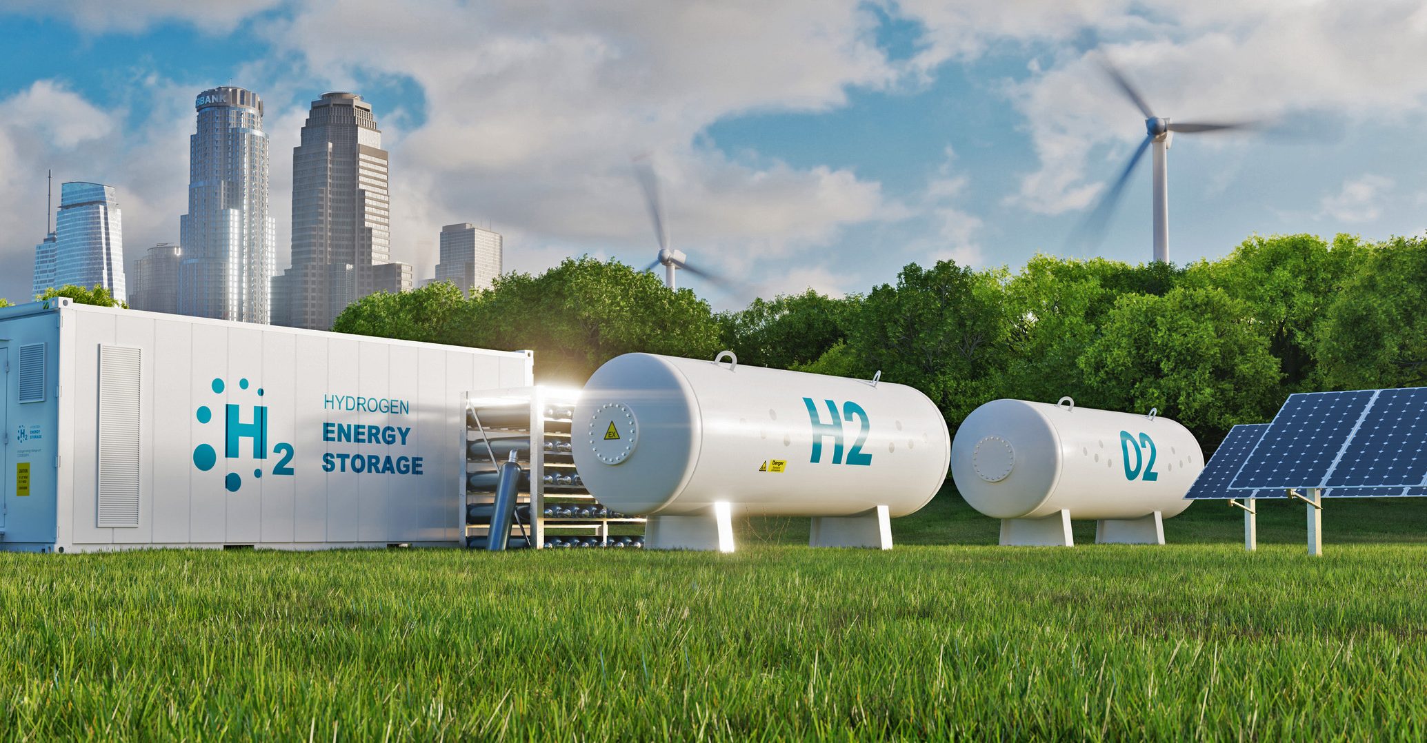 Concept of an energy storage system based on electrolysis of hydrogen in a clean environment with photovoltaics, wind farms and a city in the background. 3d rendering.