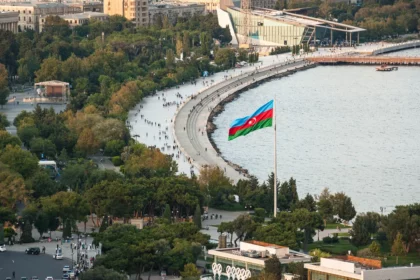 A zoomed in view of the waterfront promenade running along the shores of the Caspian Sea, Baku, Azerbaijan. [Photo via Getty Images]