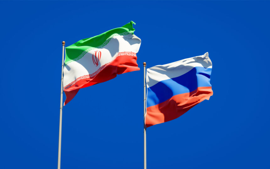 Beautiful,national,state,flags,of,iran,and,russia,together,at